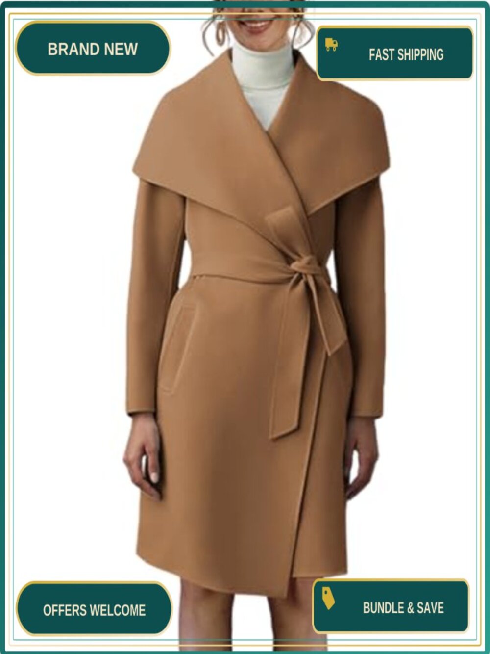 Pea Trench Coat Lapel Collar Long Jacket Open Front Belted Overcoat